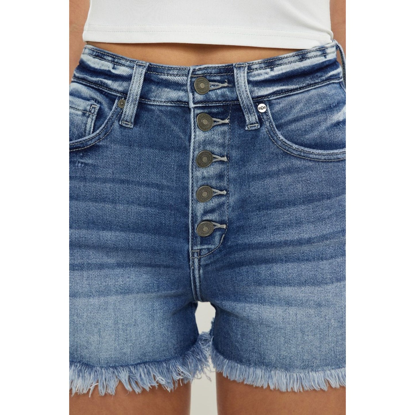 Kancan Button Fly High Rise Raw Hem Denim Shorts