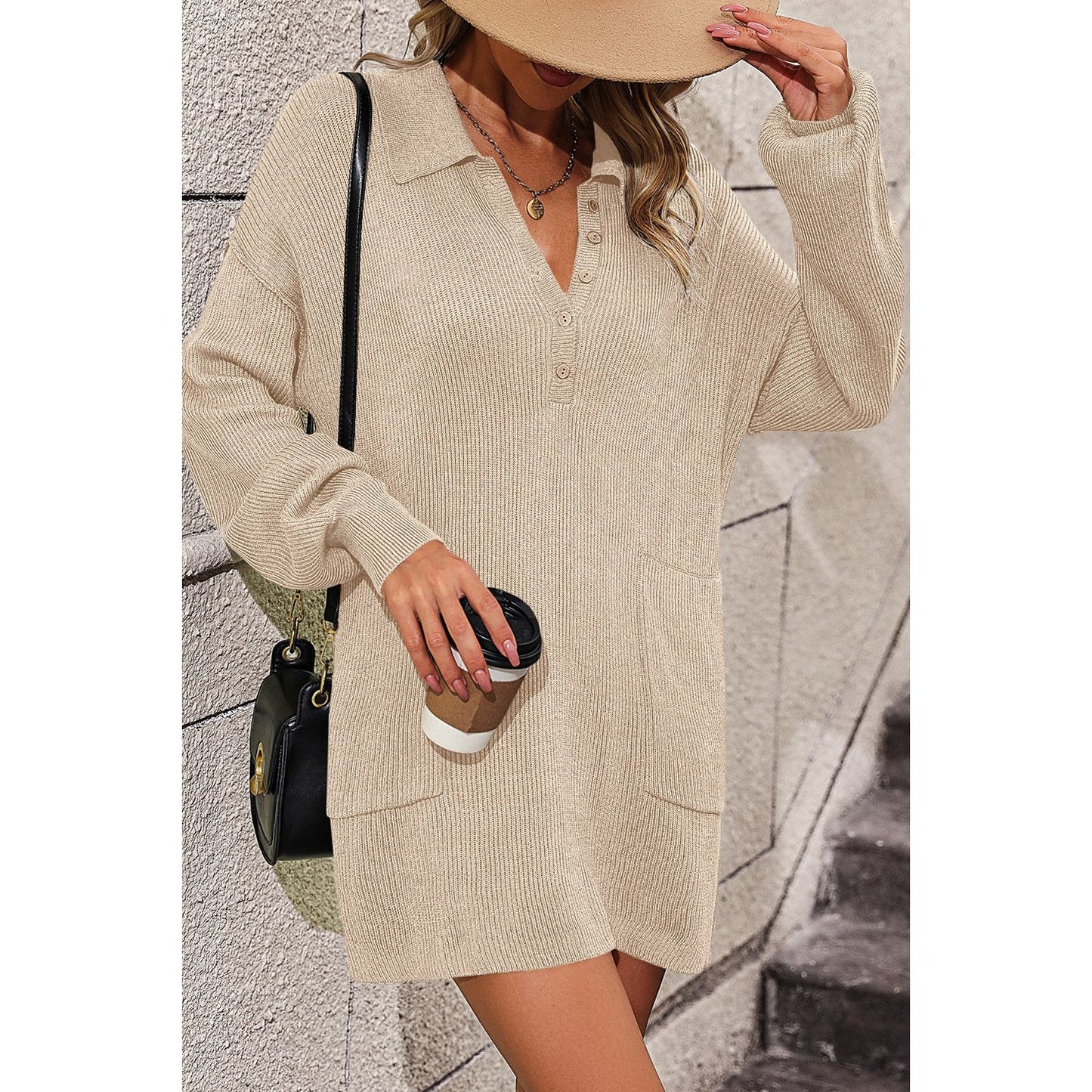 Collared Neck Long Sleeve Sweater Dress with Pockets