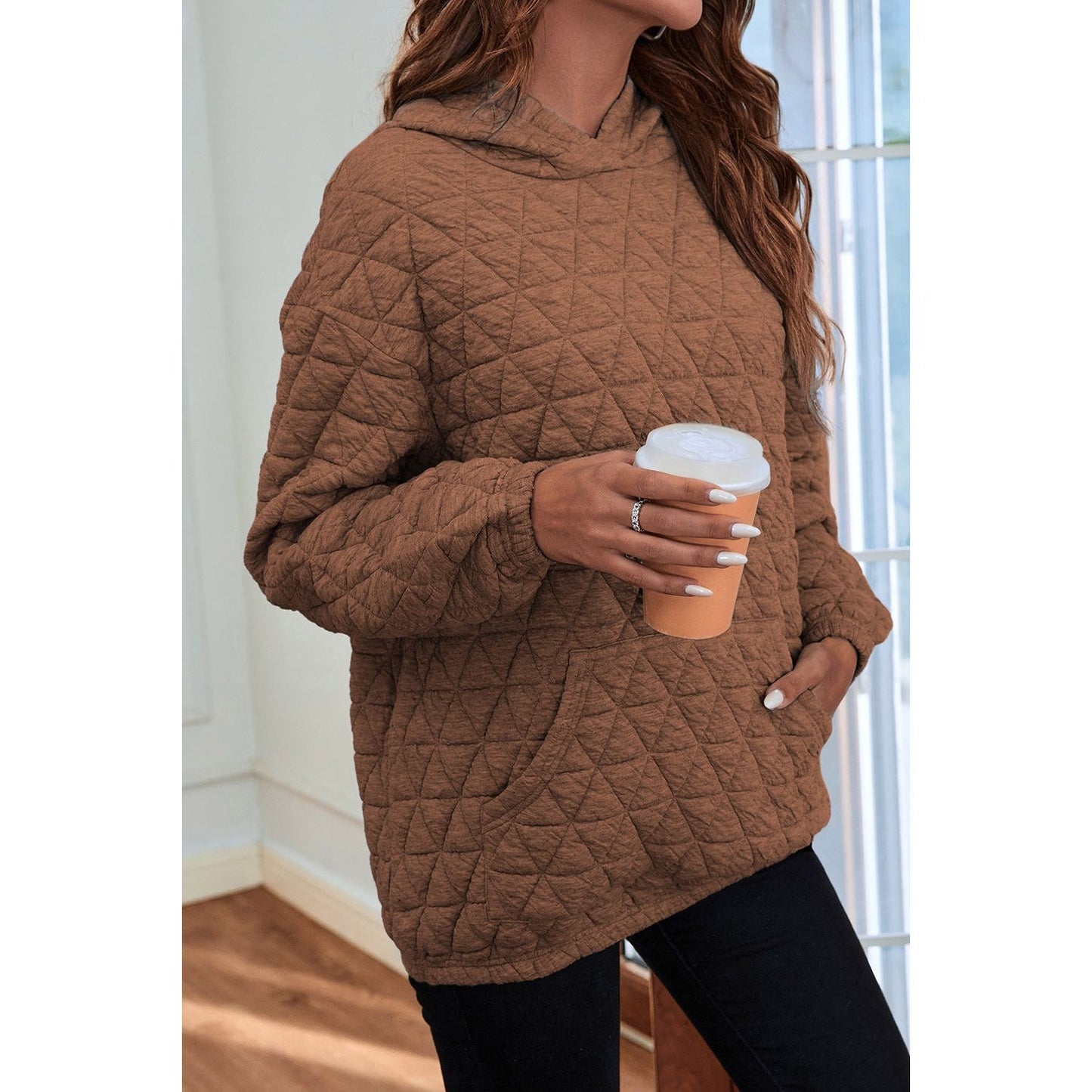 Quilted Long Sleeve Hoodie with Pocket