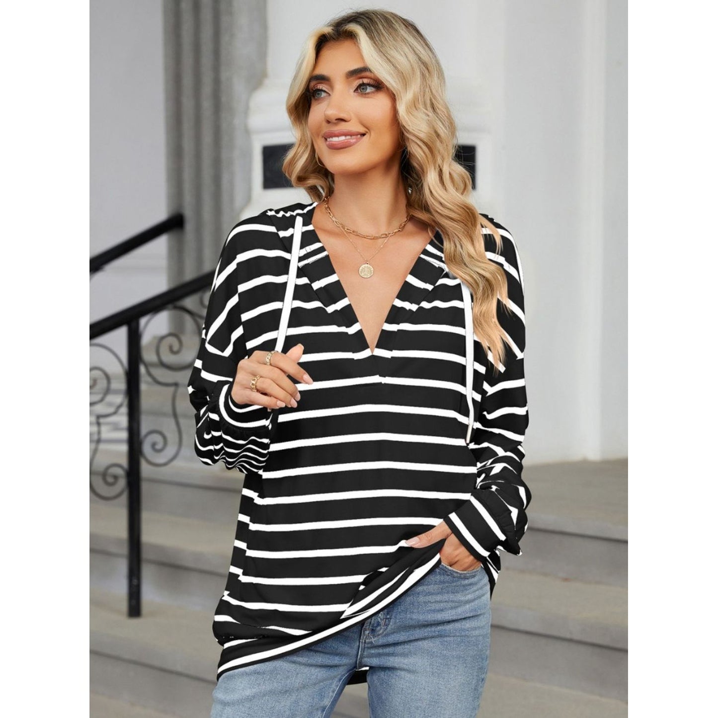 Drawstring Striped Long Sleeve Hoodie