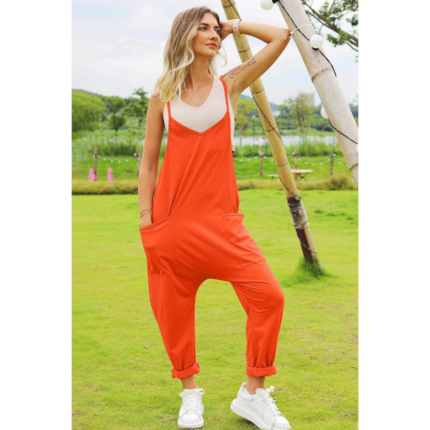 Double Take Full Size Sleeveless V-Neck Pocketed Jumpsuit