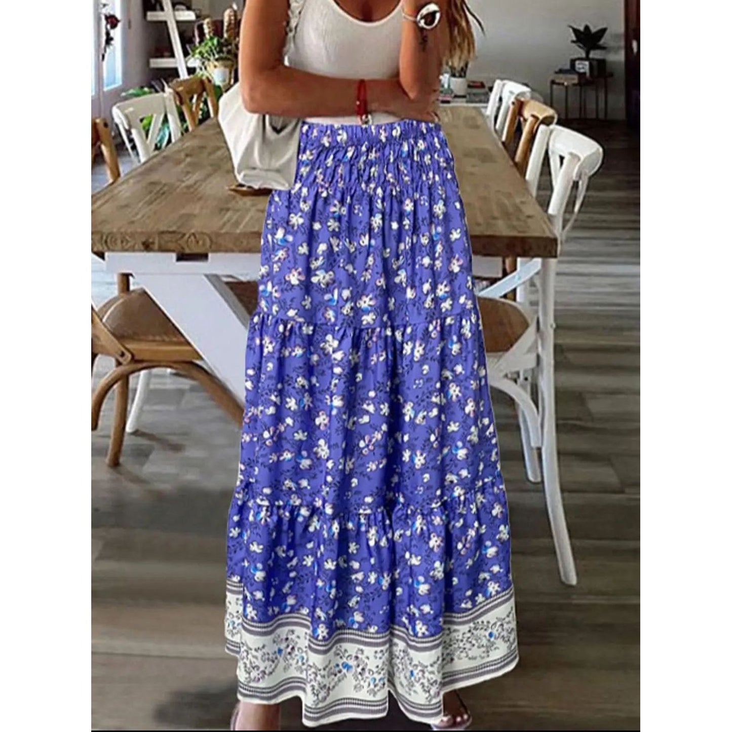 Full Size Tiered Printed Elastic Waist Skirt