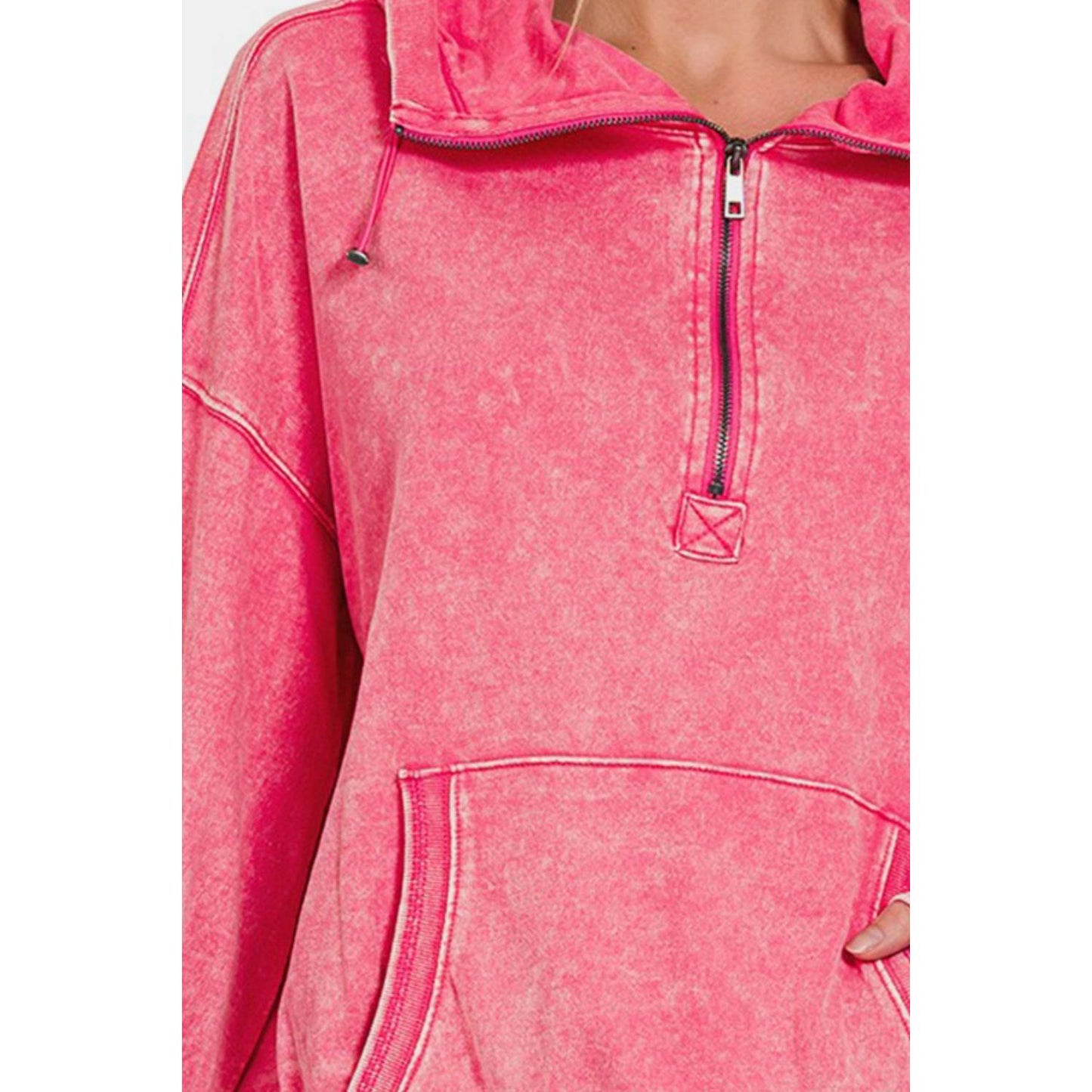 Zenana Drawstring Half Zip Dropped Shoulder Hoodie