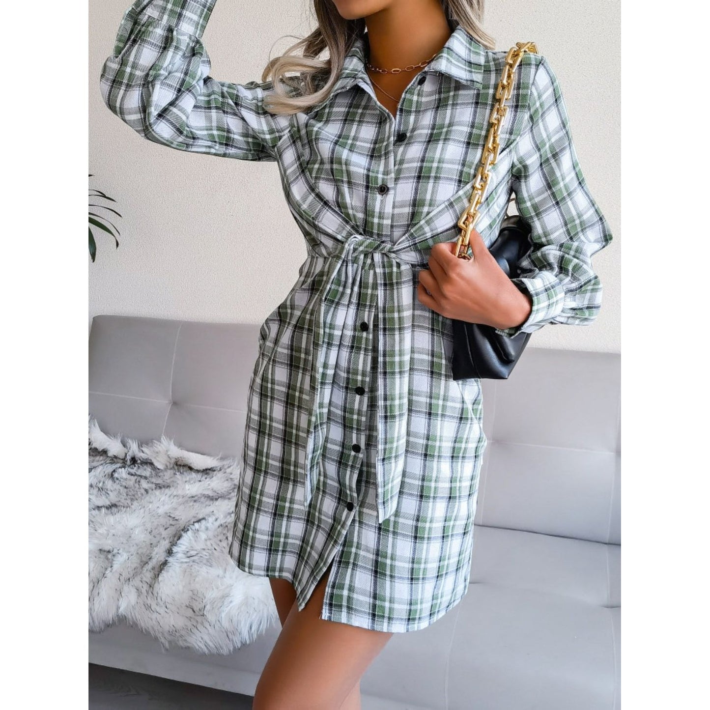 Tied Plaid Long Sleeve Mini Shirt Dress