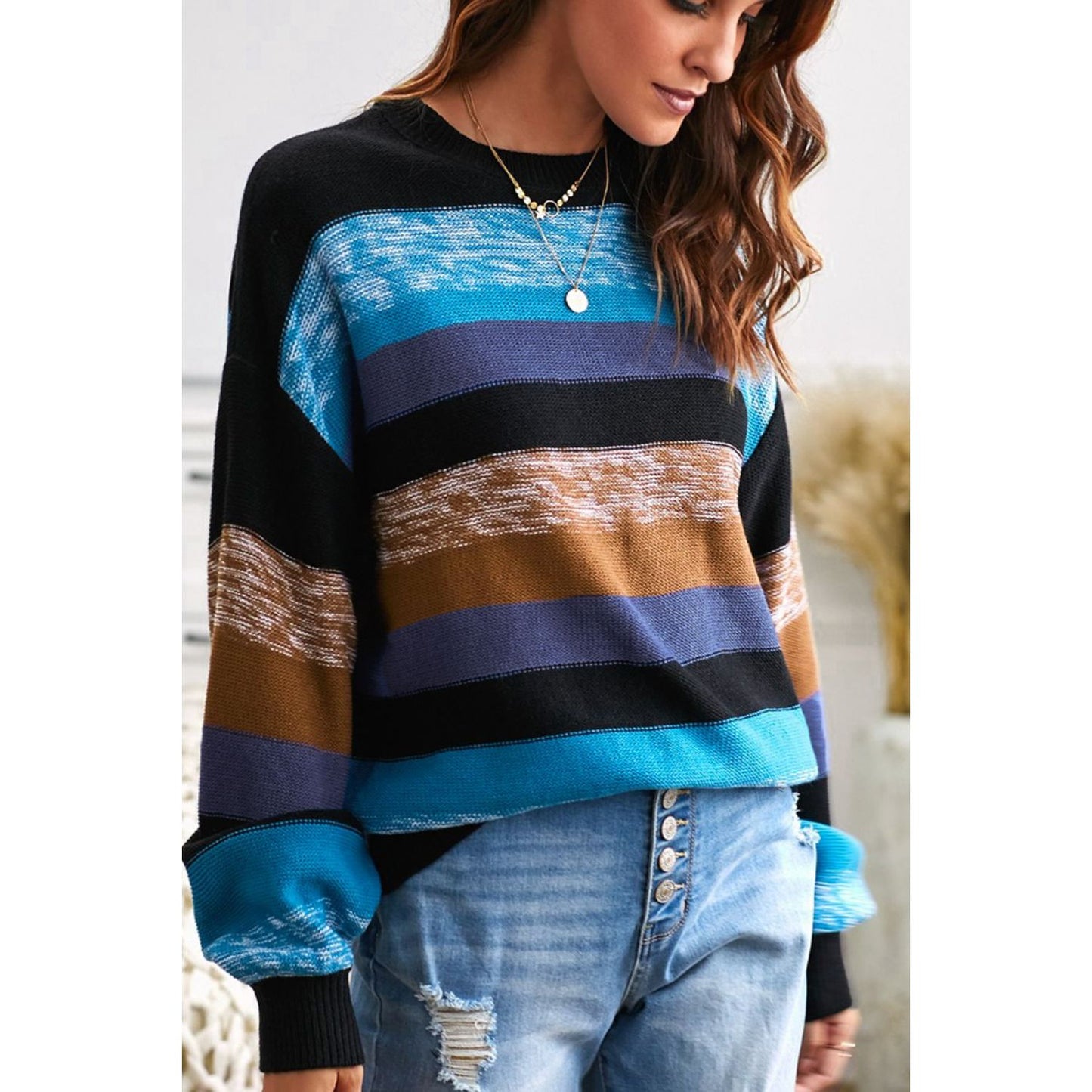 Contrast Striped Round Neck Drop Shoulder Sweater