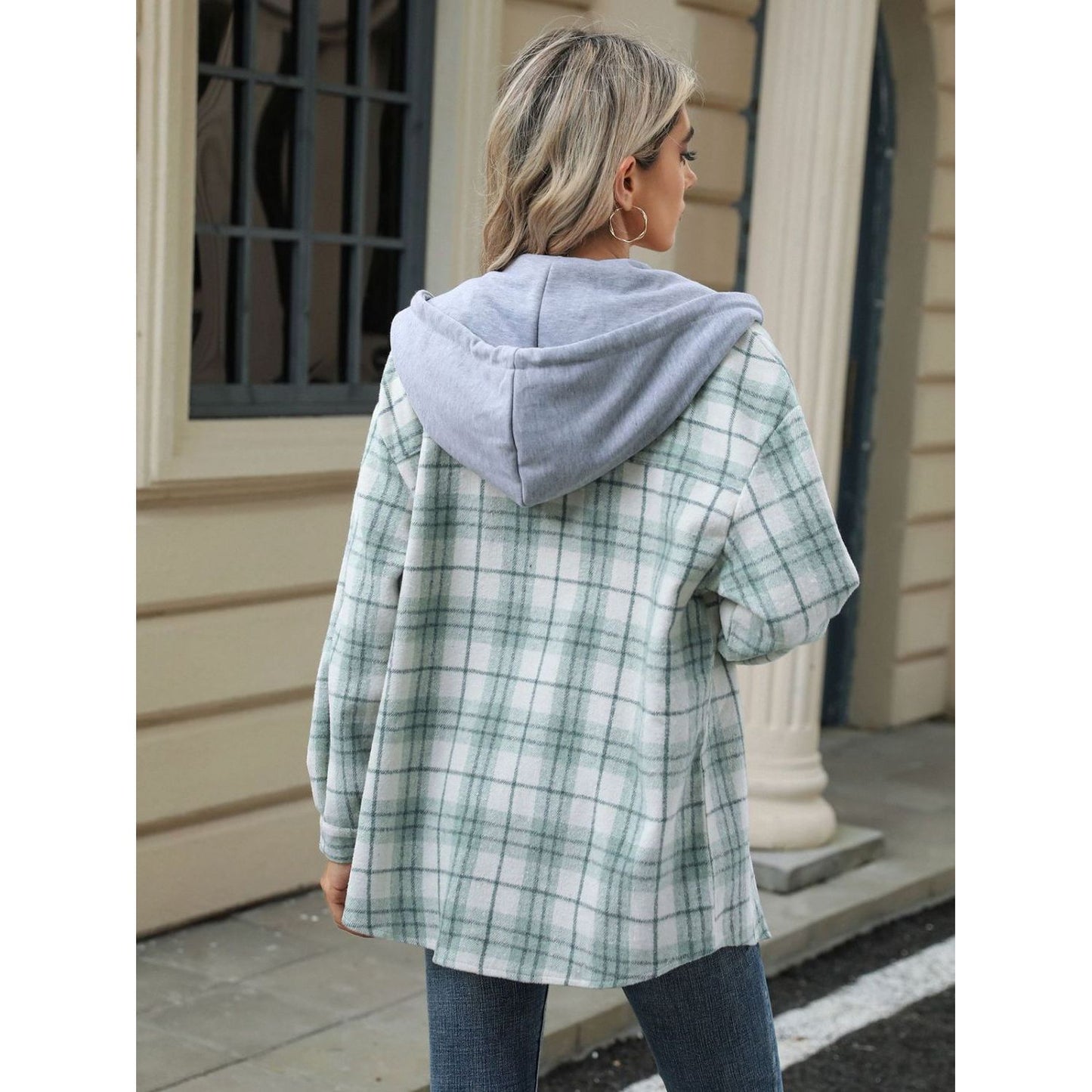 Drawstring Plaid Button Up Hooded Jacket