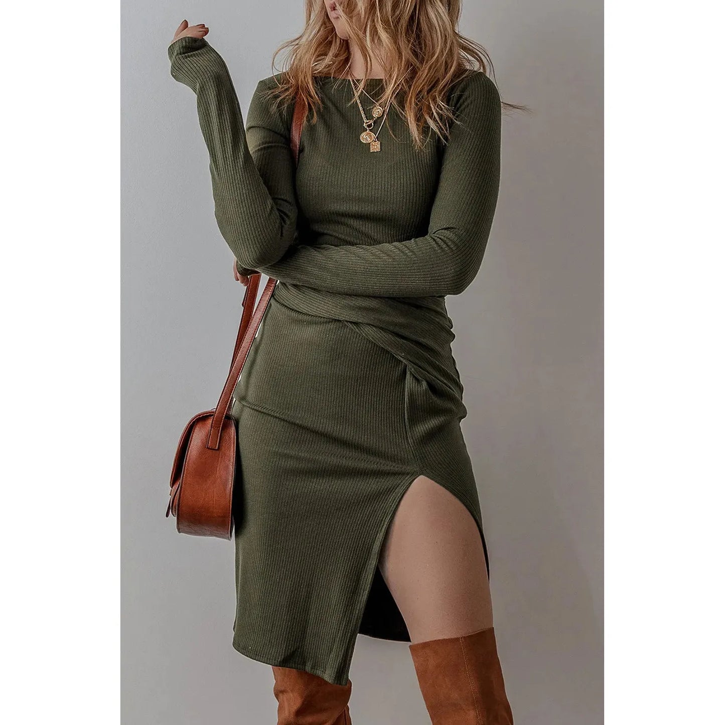 Slit Round Neck Long Sleeve Mini Dress