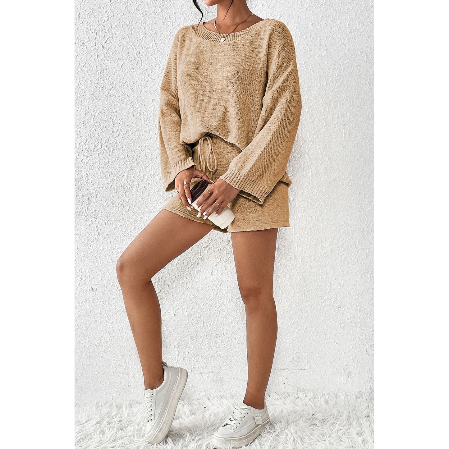 Round Neck Dropped Shoulder Sweater and Drawstring Pants Set