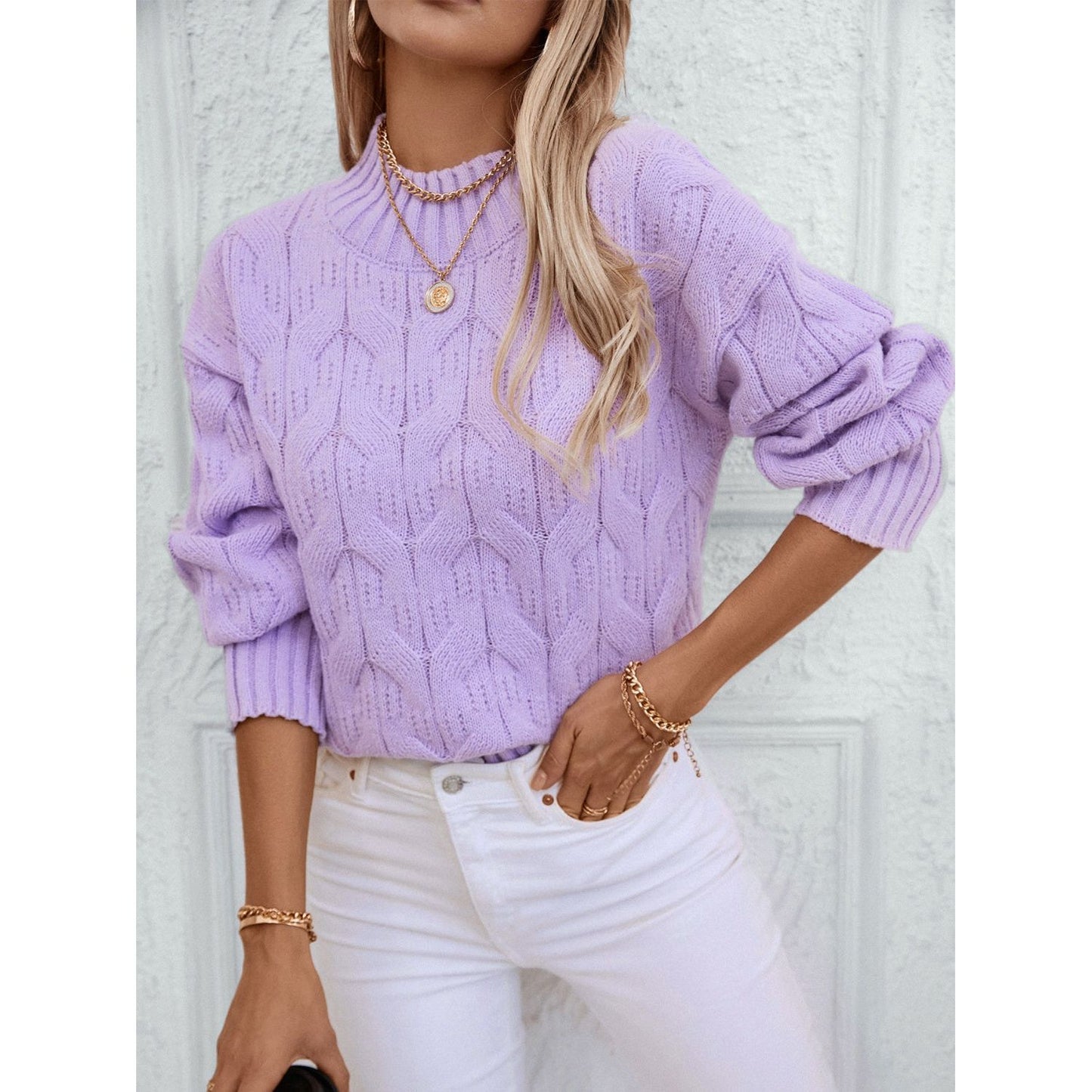 Cable Knit Mock Neck Long Sleeve Sweater