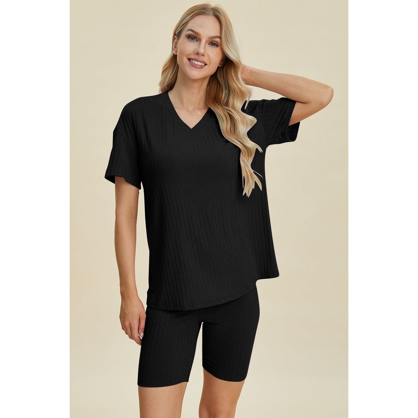 Basic Bae Full Size Ribbed V-Neck Short Sleeve Top and Shorts Set