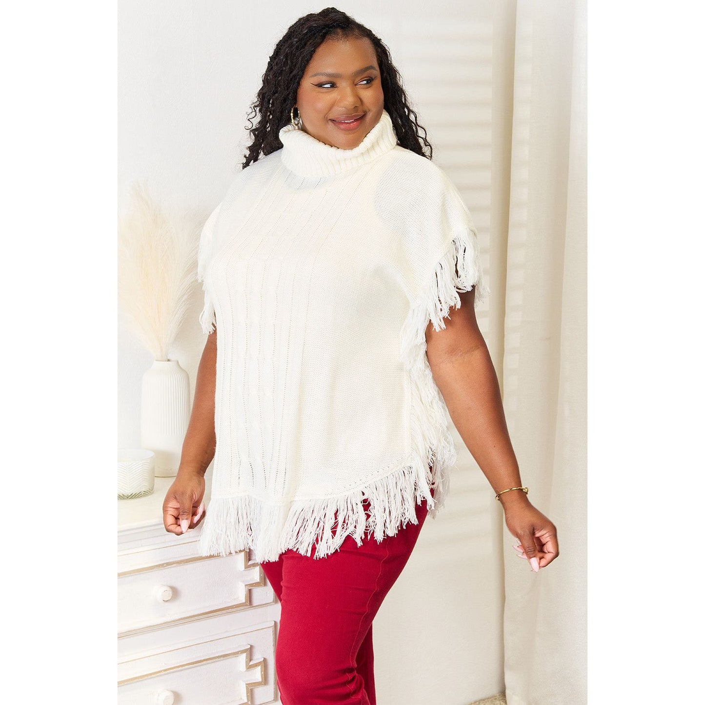 Justin Taylor Turtle Neck Fringe Poncho