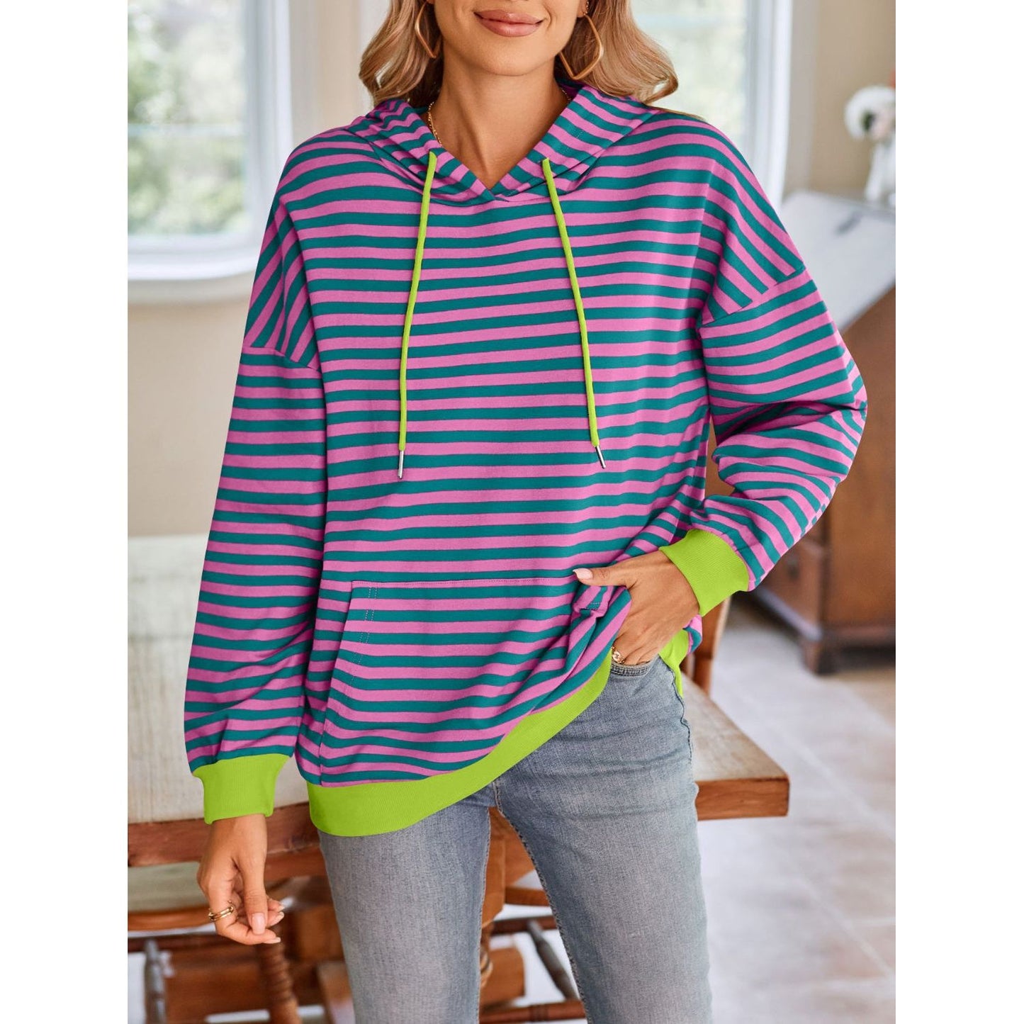 Lovelet Drawstring Striped Long Sleeve Hoodie