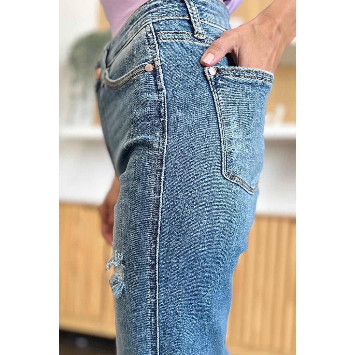 Judy Blue Full Size Distressed Raw Hem Bootcut Jeans