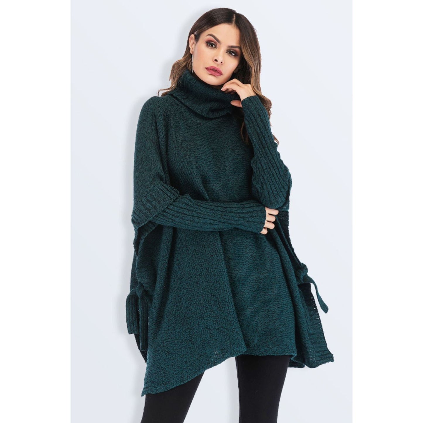 Tied Turtleneck Asymmetrical Hem Sweater