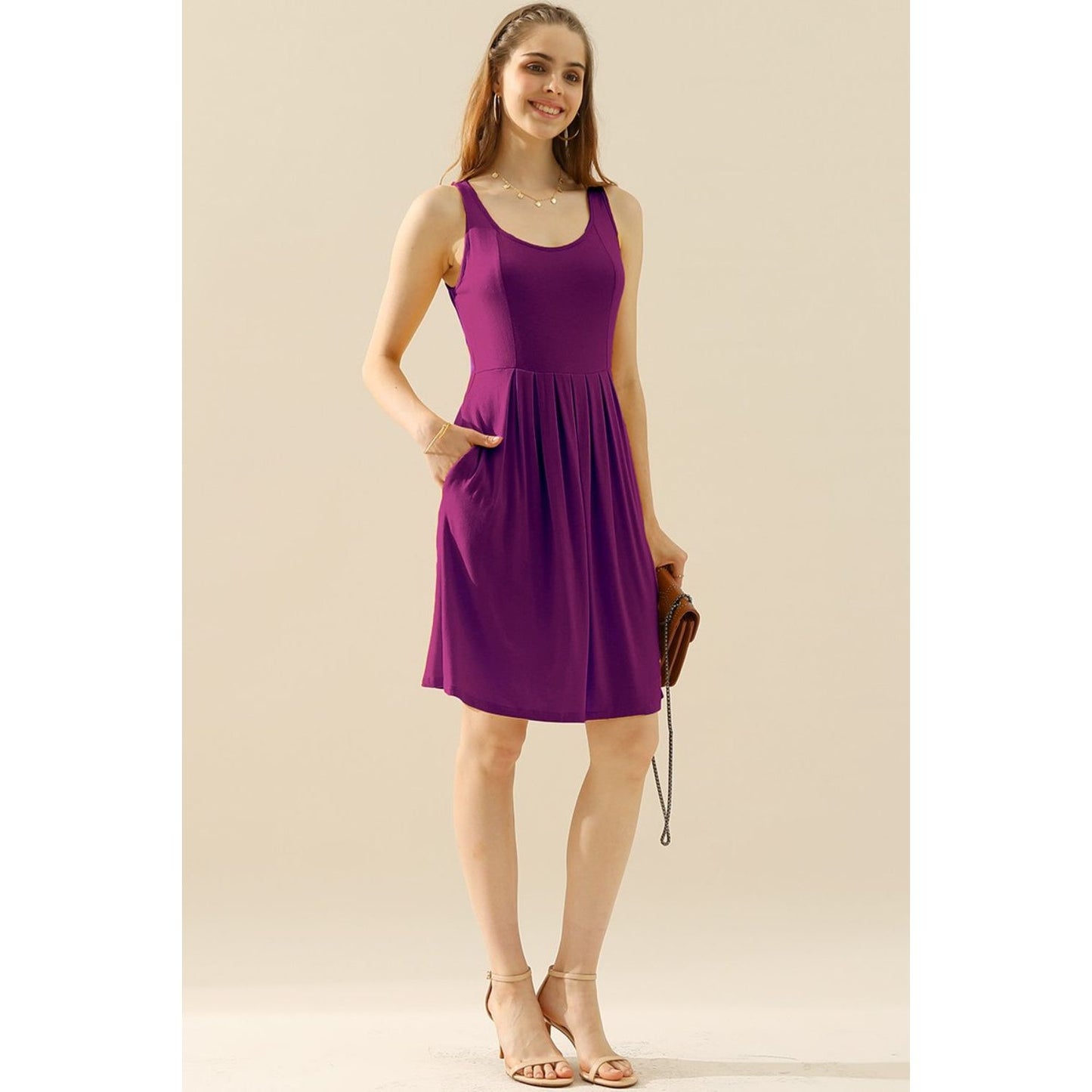 Doublju Full Size Round Neck Ruched Sleeveless Dress with Pockets