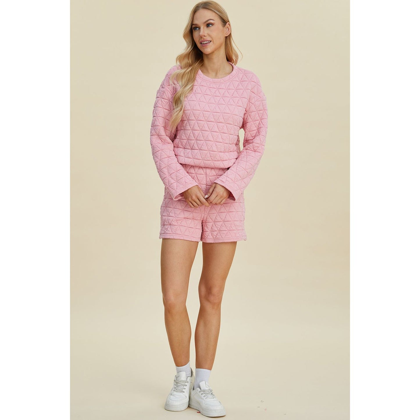 Double Take Full Size Texture Round Neck Long Sleeve Top and Shorts Set