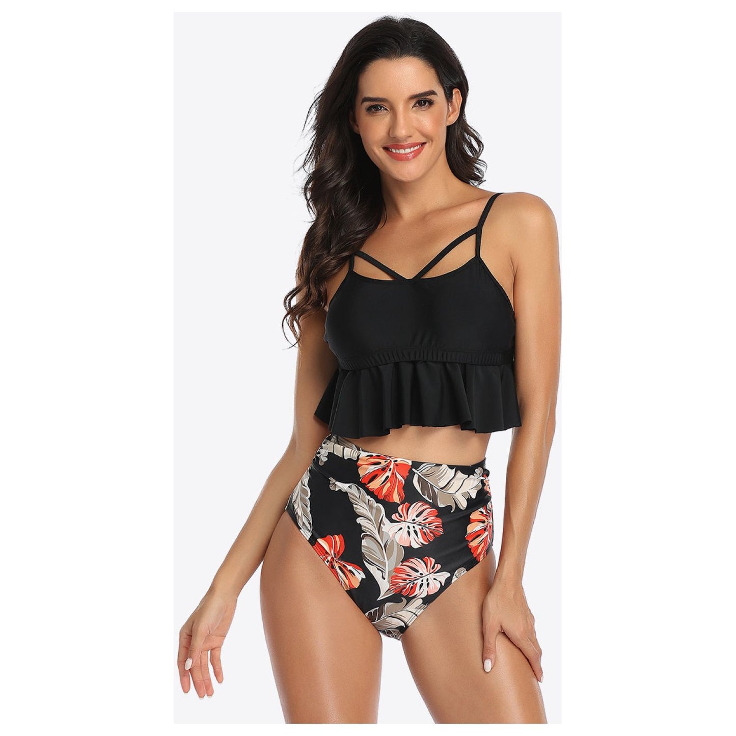 Tropical Print Ruffled Two-Piece Swimsuit