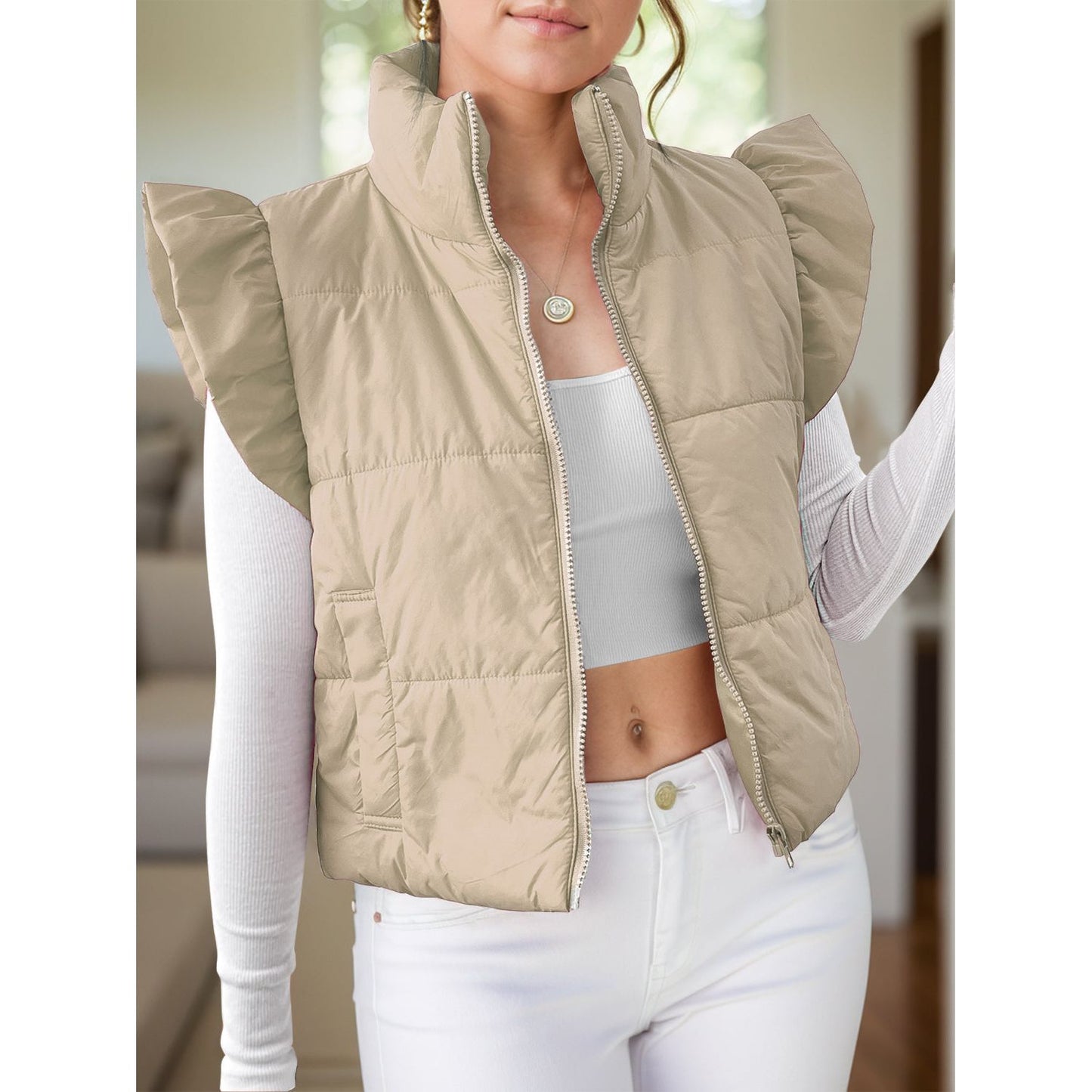 Pocketed Zip Up Cap Sleeve Jacket