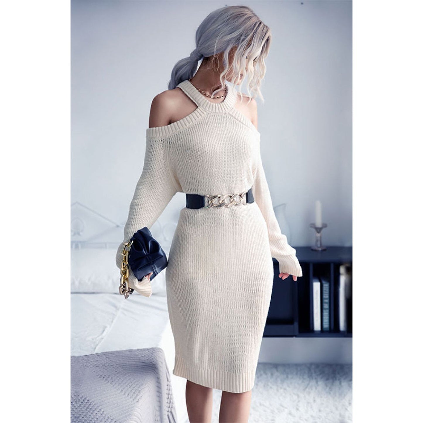 Perfee Cold Shoulder Rib-Knit Sweater Dress (Belt Not Included)