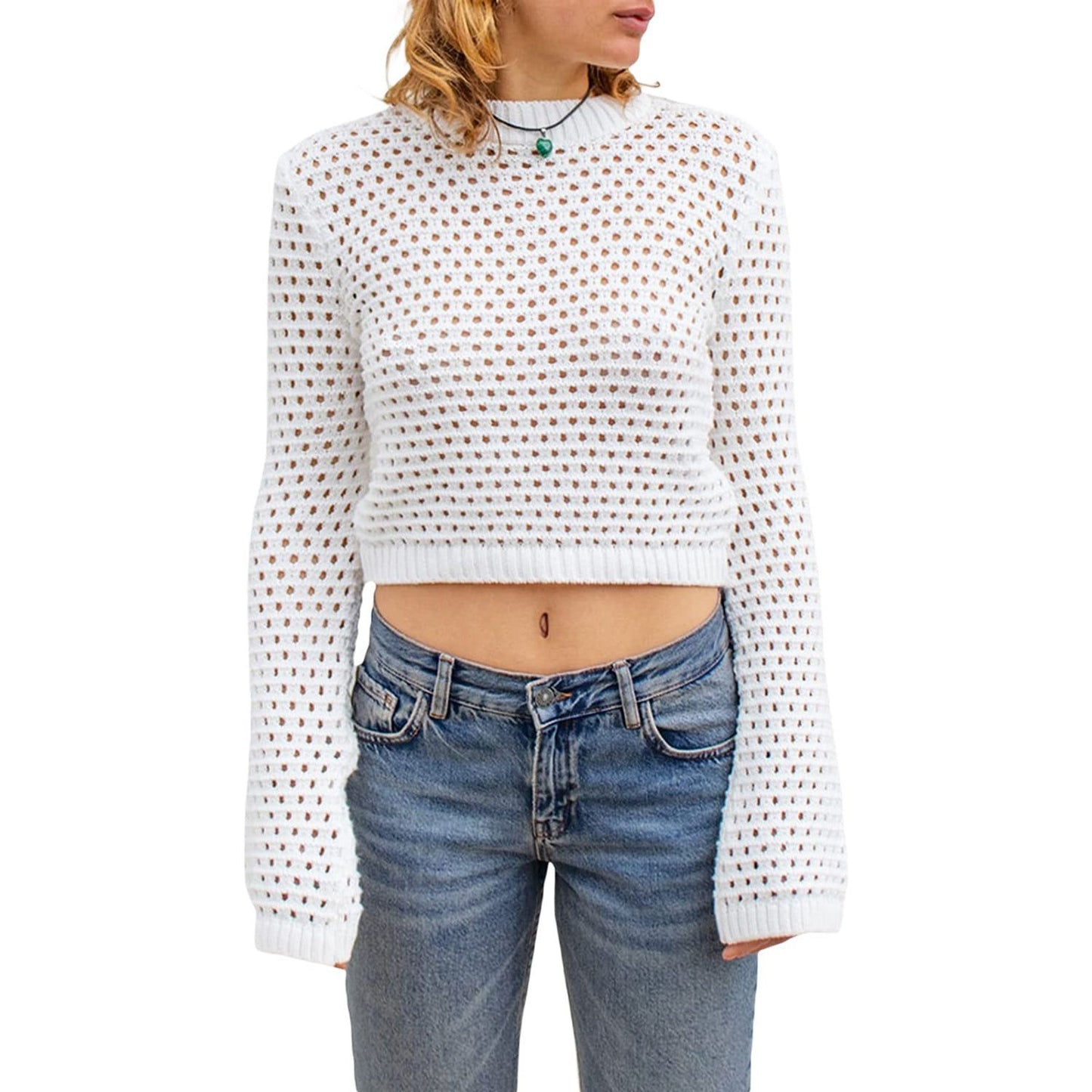 Openwork Round Neck Long Sleeve Knit Top