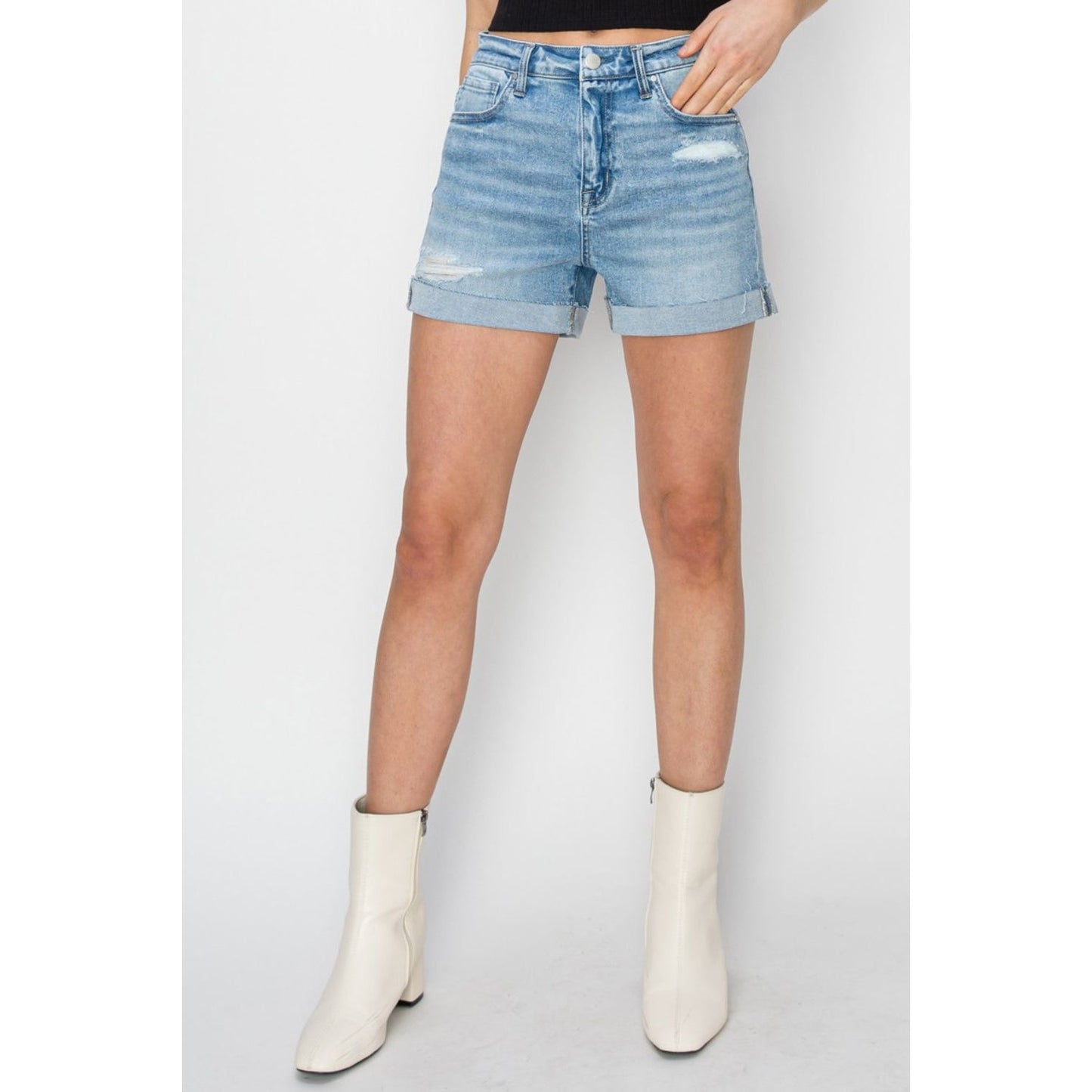 RISEN Distressed Mid-Rise Waist Denim Shorts