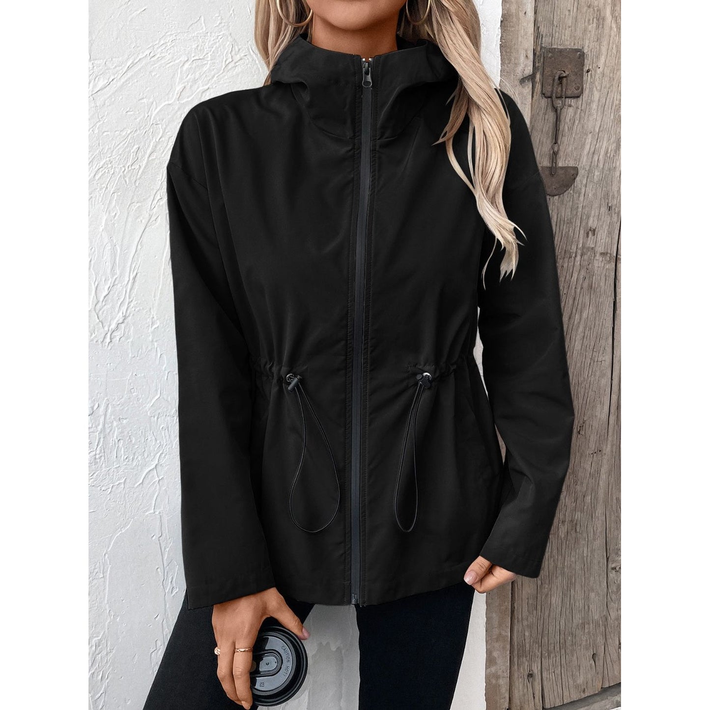 Drawstring Zip Up Hooded Jacket