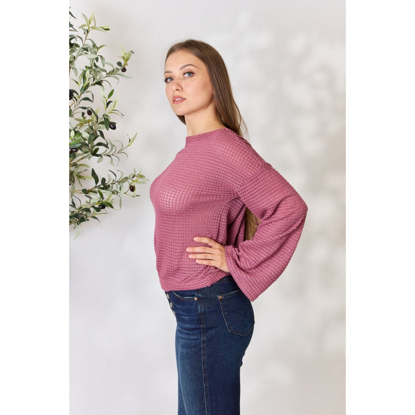 Culture Code Full Size Waffle-Knit Round Neck Long Sleeve Blouse