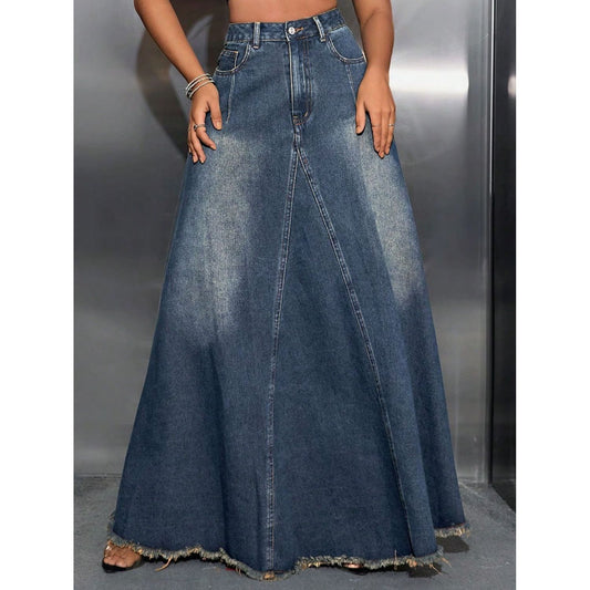 Raw Hem High Waist Denim Skirt with Pockets