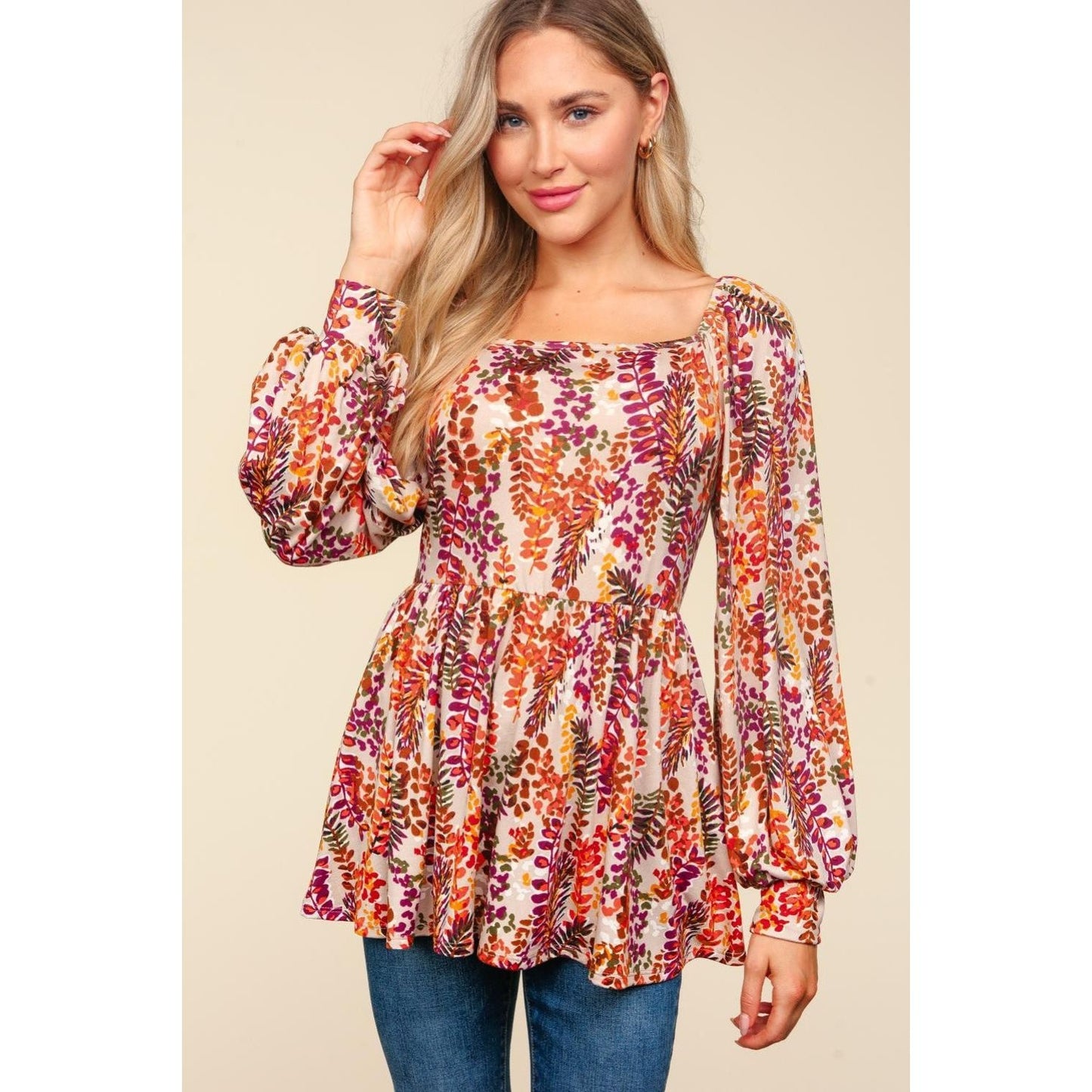 Haptics Full Size Peplum Floral Square Neck Blouse