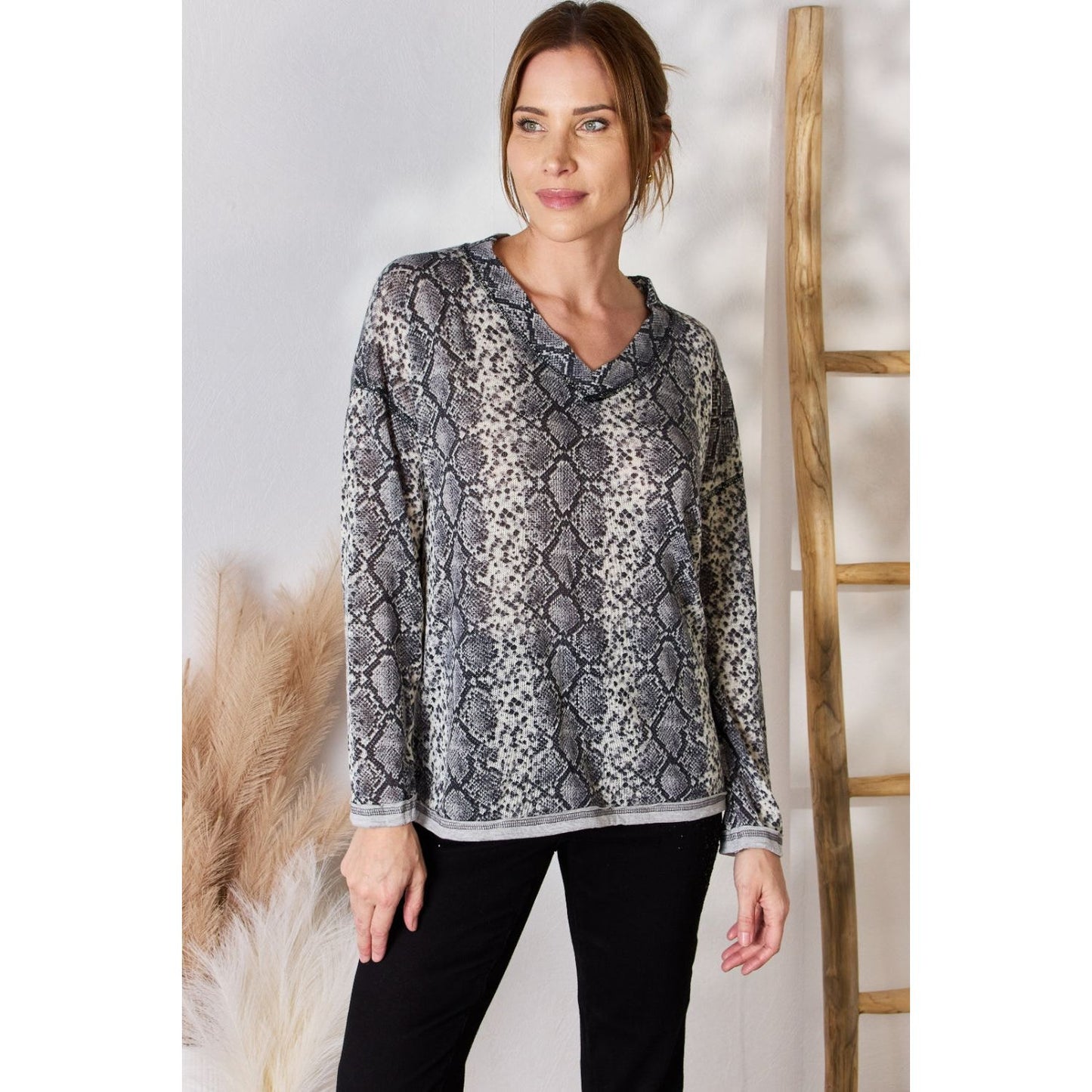 Hailey & Co Full Size Snakeskin V-Neck Long Sleeve Top