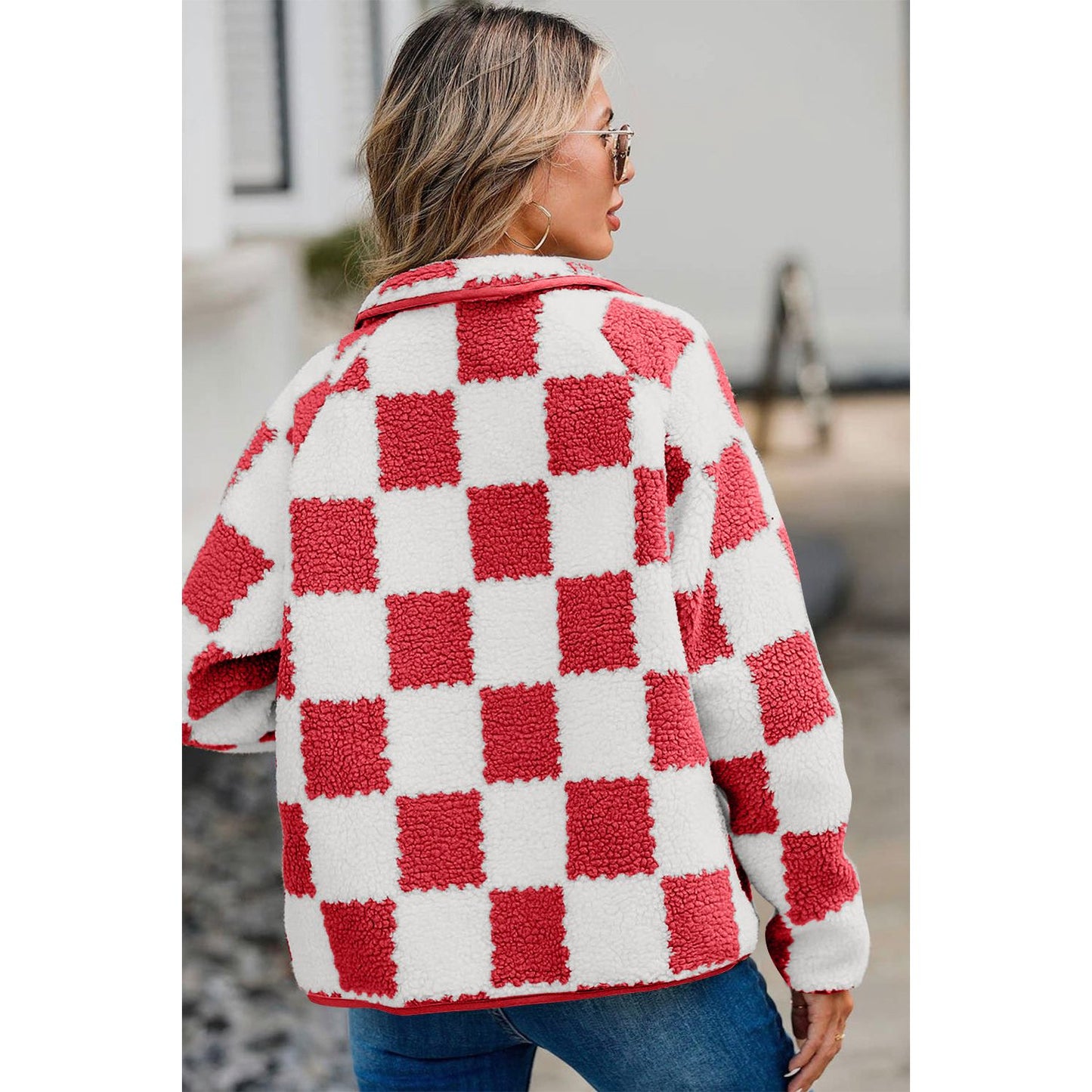 Checkered Snap Down Long Sleeve Teddy Jacket