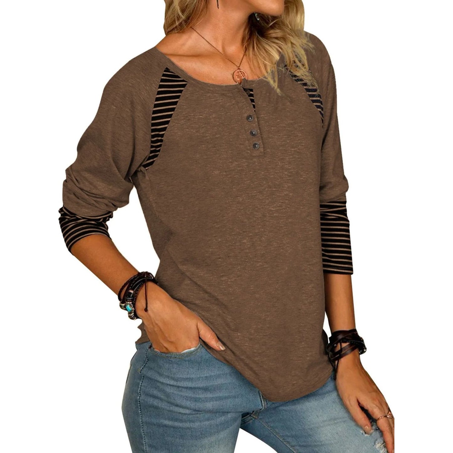 Full Size Striped Quarter Button Long Sleeve T-Shirt