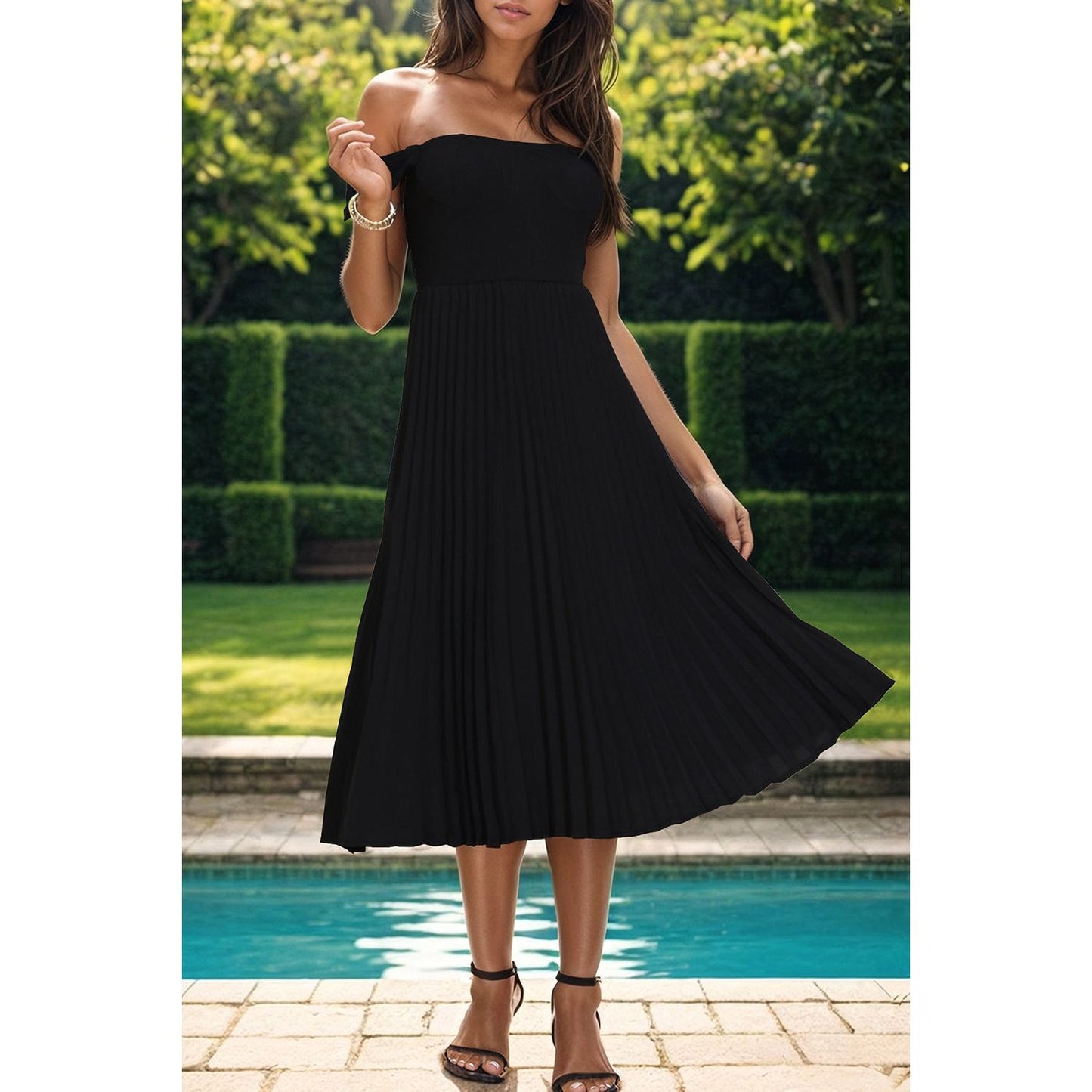 Perfee Pleated Off-Shoulder Midi Dress