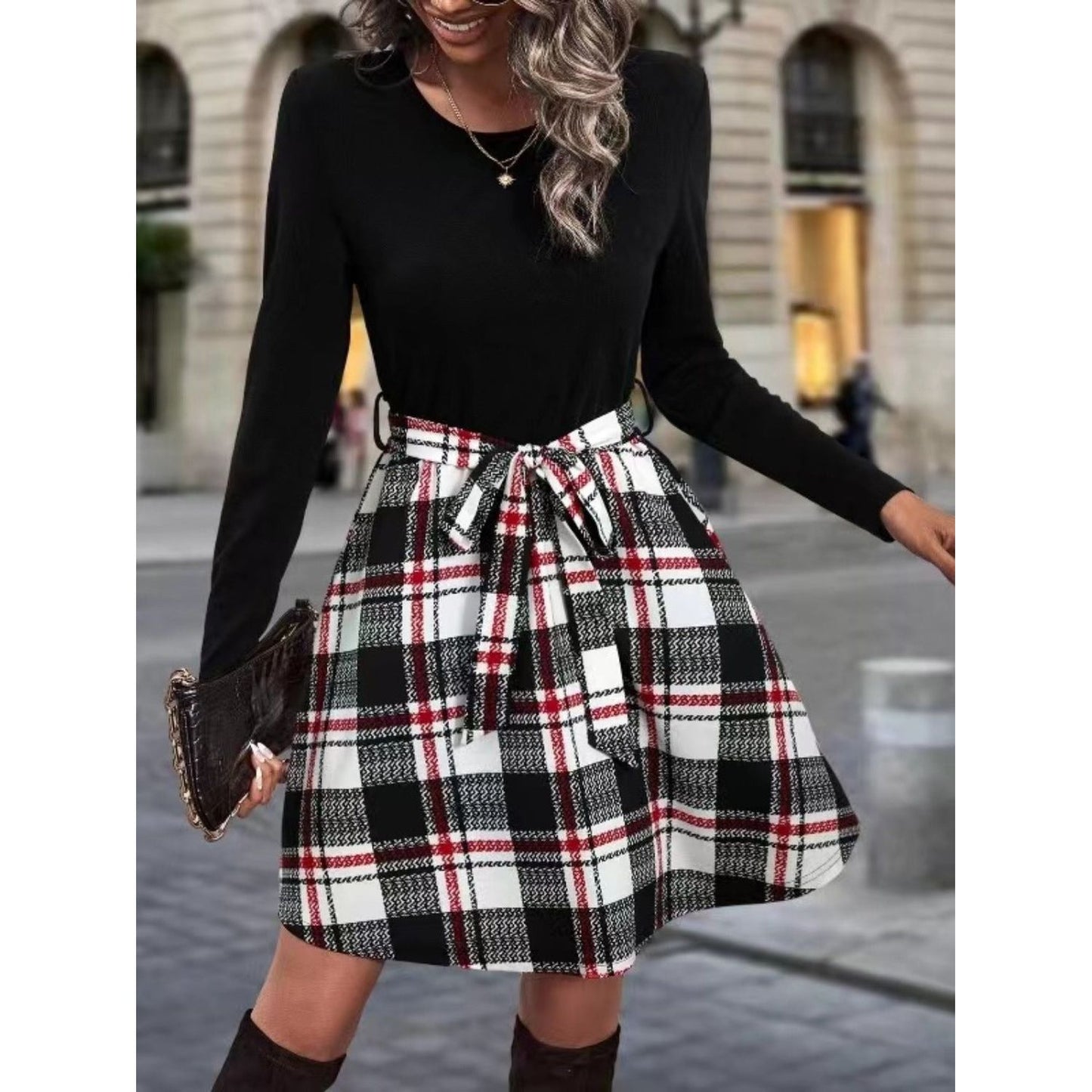 Tied Plaid Round Neck Long Sleeve Dress