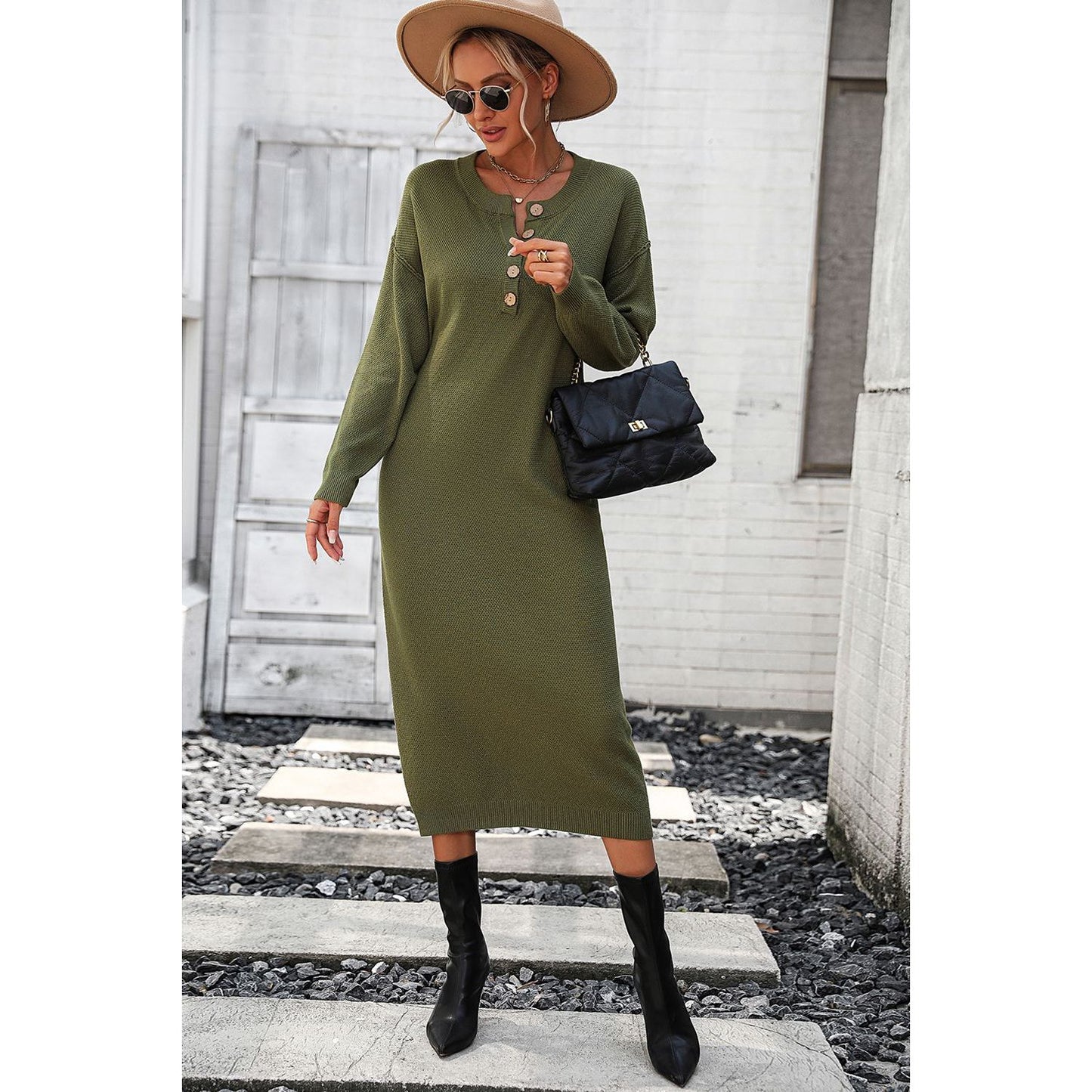 Decorative Button Notched Dropped Shoulder Sweater Dress