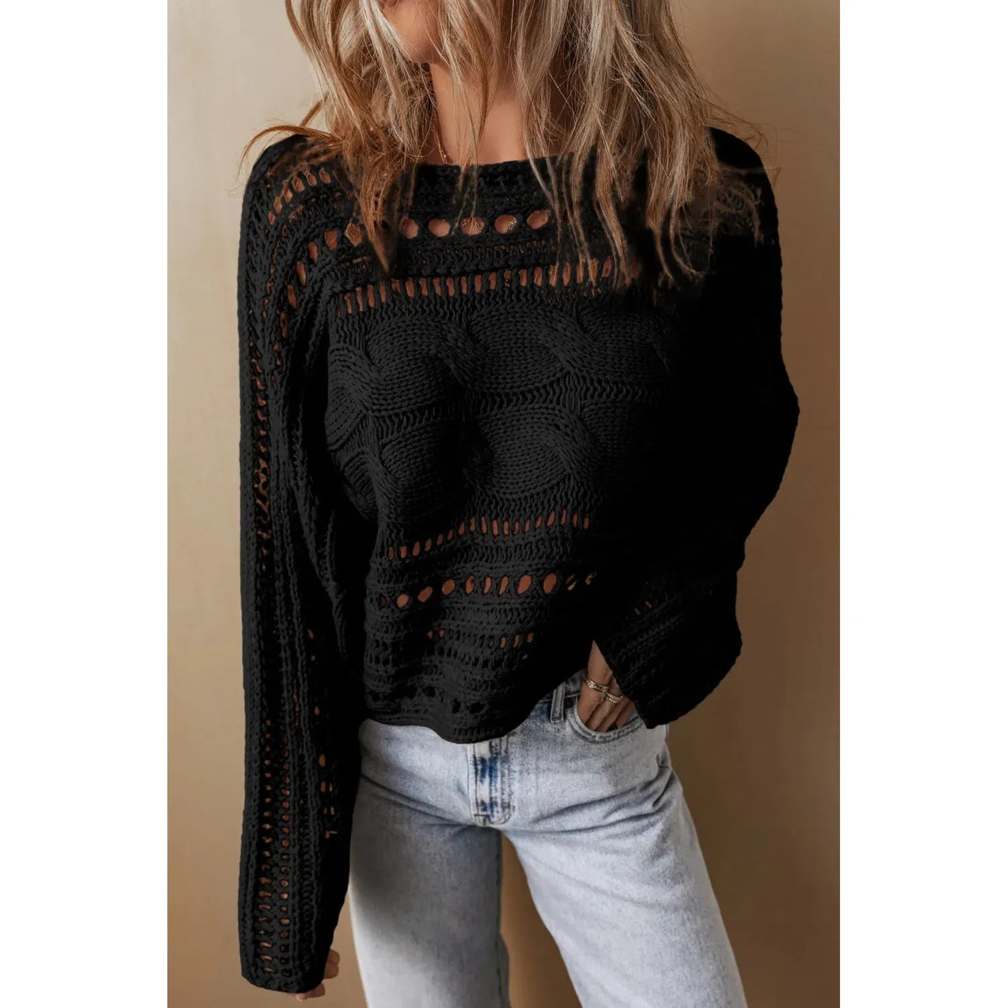 Cable-Knit Openwork Long Sleeve Sweater