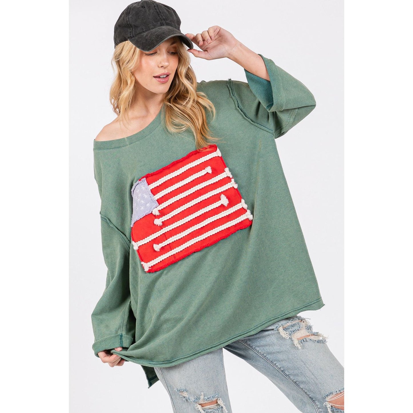 SAGE + FIG Full Size American Flag Patch Drop Shoulder T-Shirt