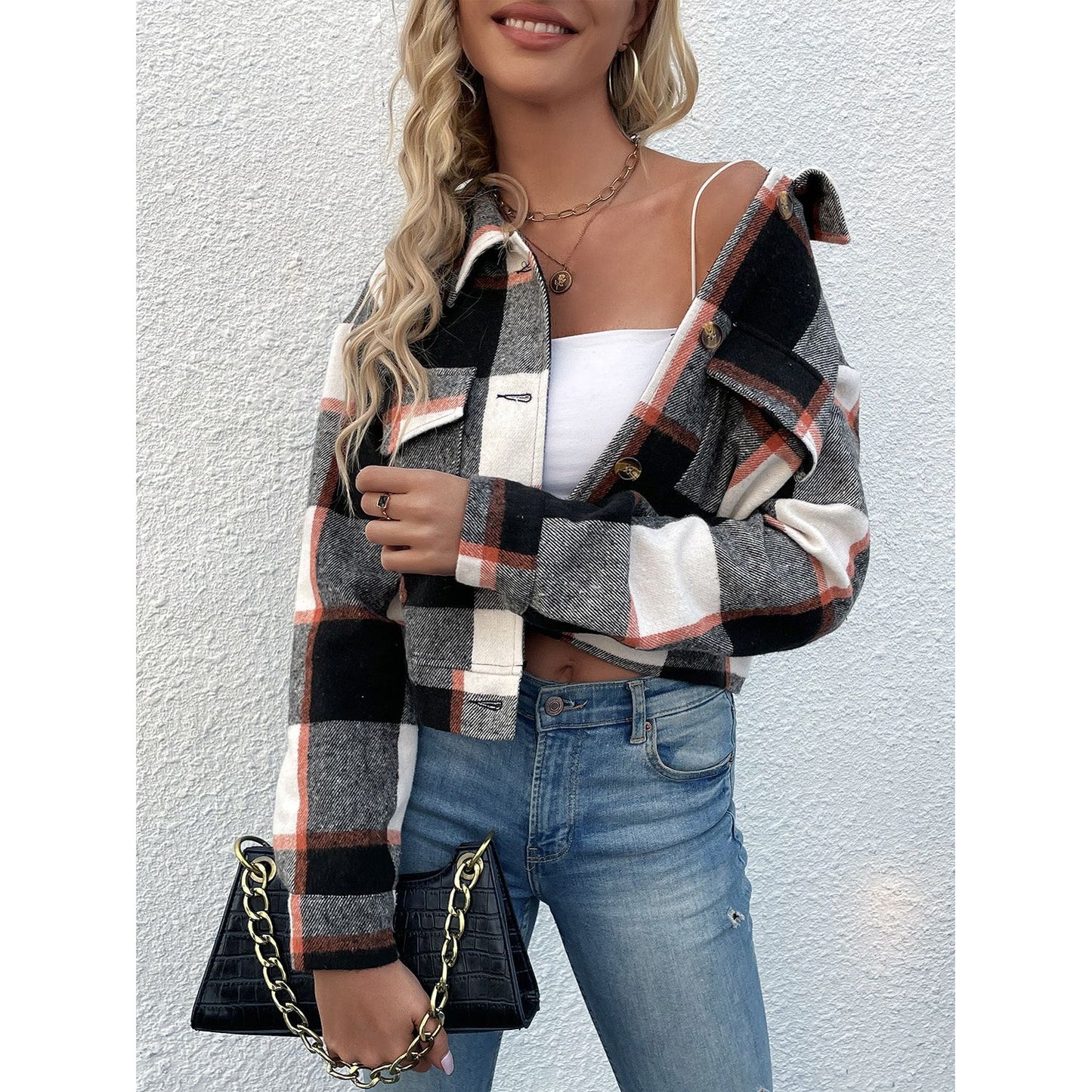 Perfee Plaid Button Up Drop Shoulder Cropped Jacket