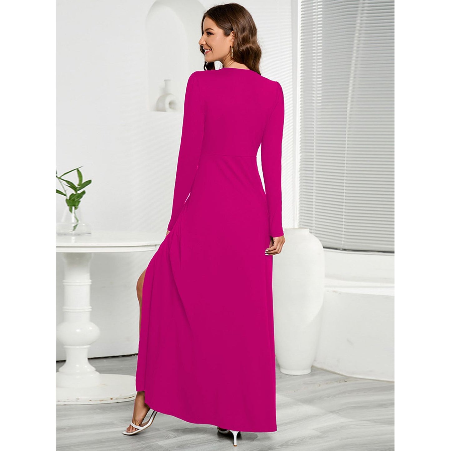 V-Neck Long Sleeve Split Dress