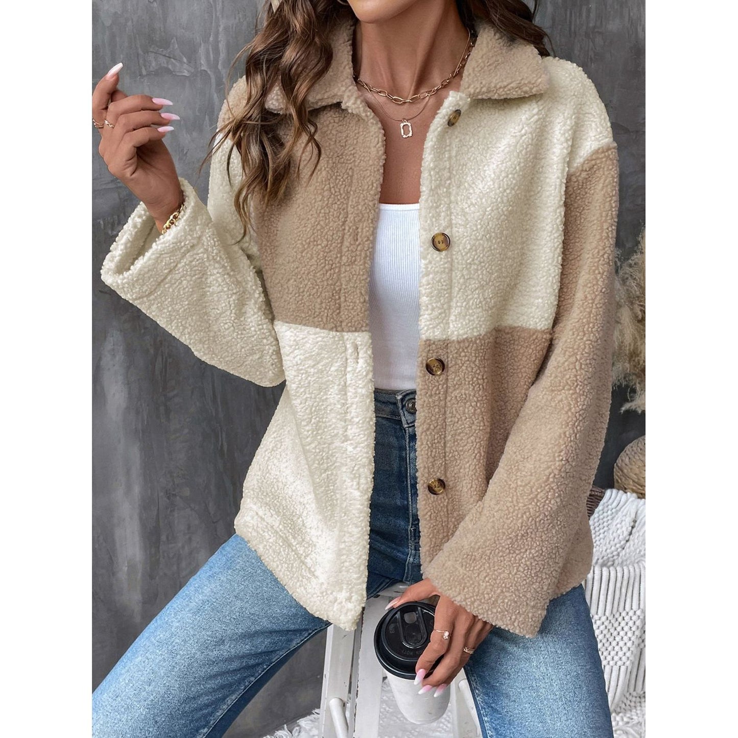 Perfee Color Block Collared Neck Long Sleeve Jacket