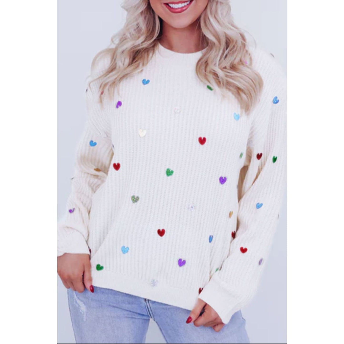 Heart Sequin Round Neck Long Sleeve Sweater