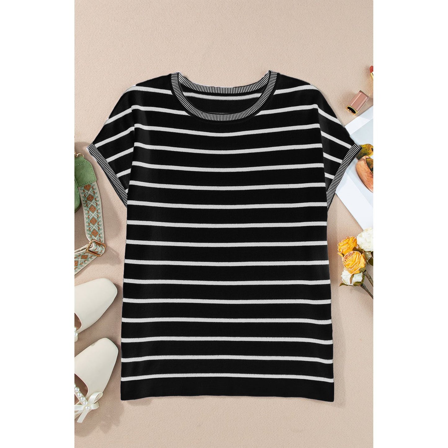 Striped Round Neck Cap Sleeve Knit Top