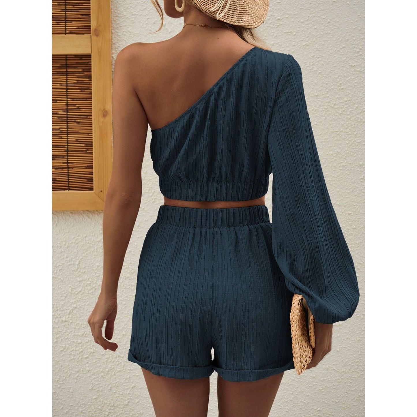 Honey One Shoulder Long Sleeve Top and Shorts Set