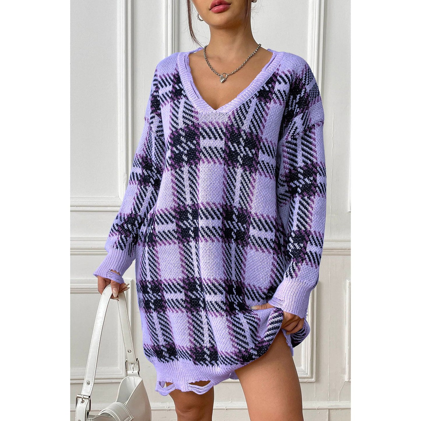 Plaid V-Neck Long Sleeve Sweater Dress