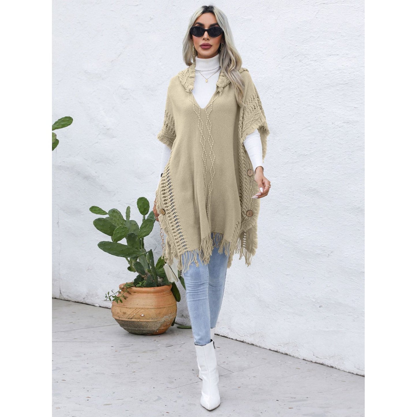 Fringe Trim Buttoned Hooded Poncho