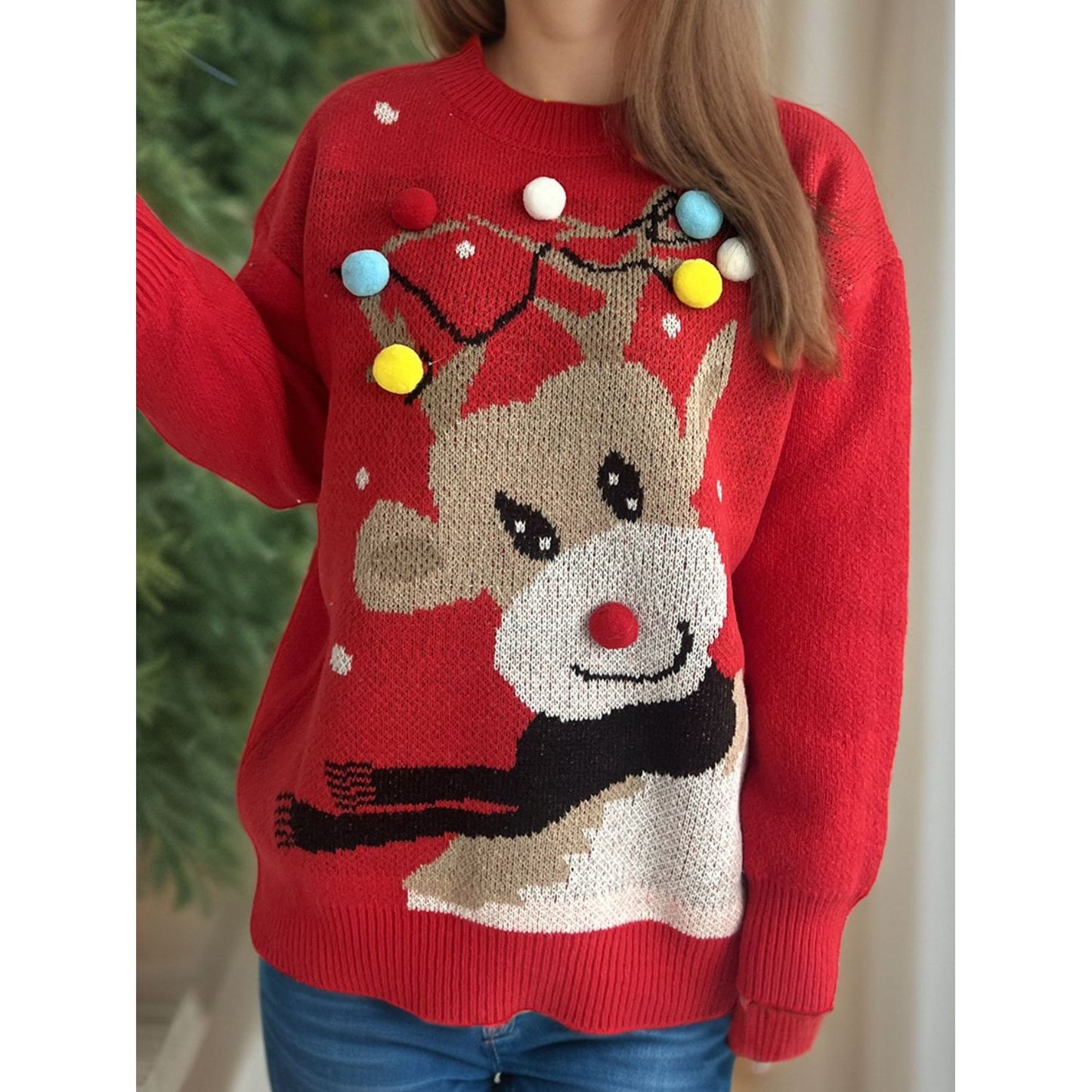 Reindeer Round Neck Long Sleeve Sweater