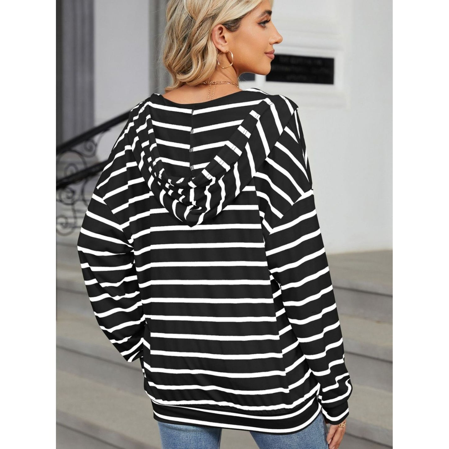 Drawstring Striped Long Sleeve Hoodie