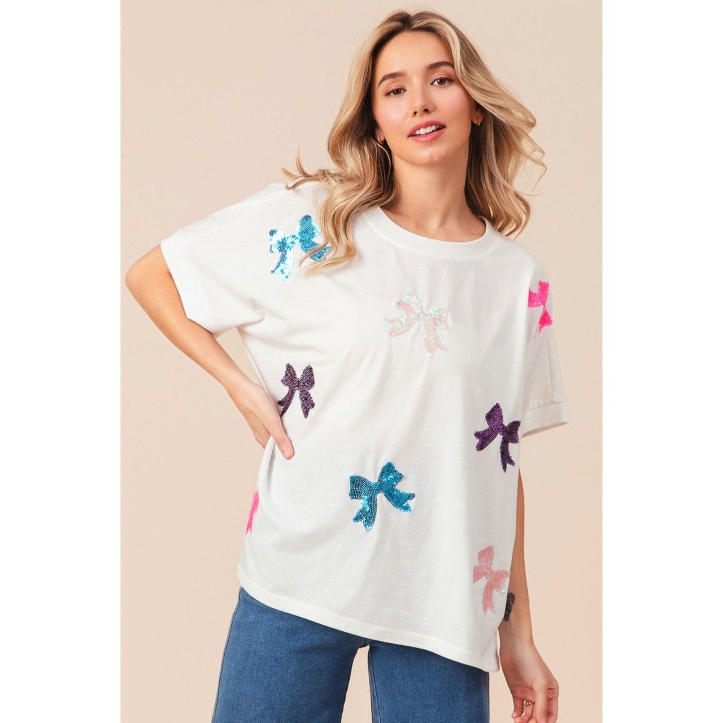 BiBi Sequin Bow Patch Short Sleeve T-Shirt