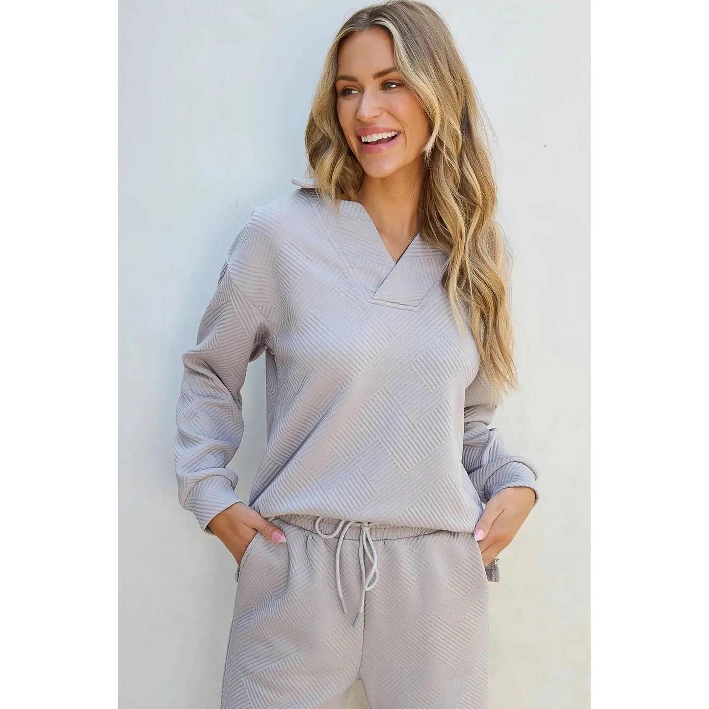 Textured Long Sleeve Top and Drawstring Pants Set