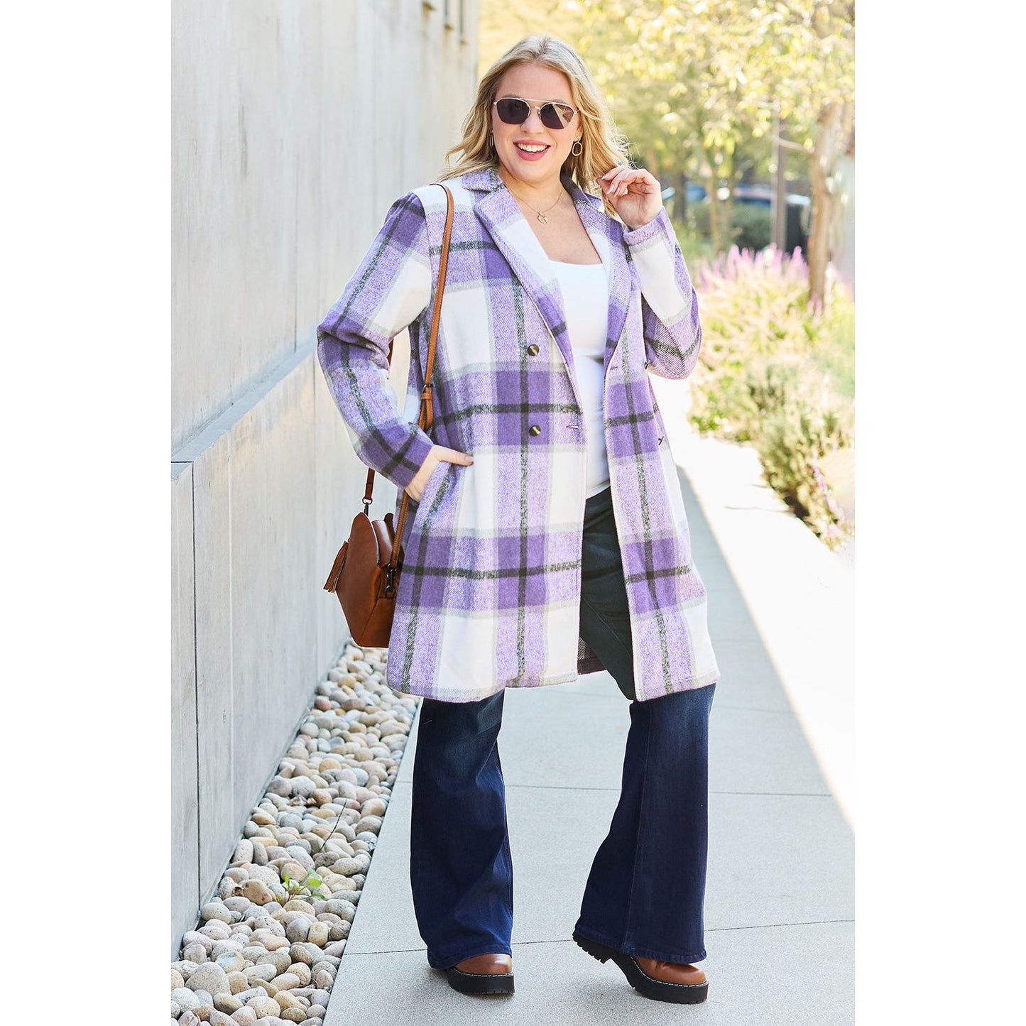 Double Take Full Size Plaid Button Up Lapel Collar Coat